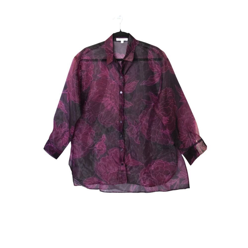DR2 Sheer Floral‎ Button-Down Blouse Women’s Small Purple Burgundy Long Sleeve